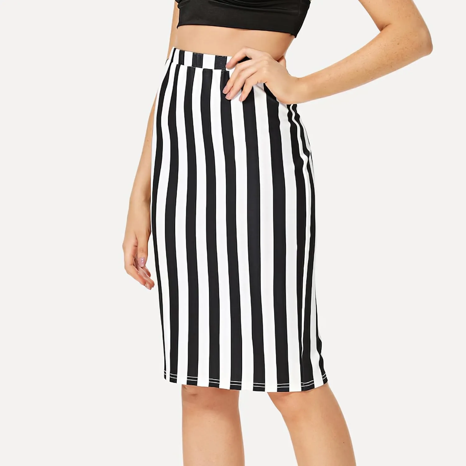 Womens Striped Stretch Midi Pencil Skirt High Waist Knee Length Bodycon