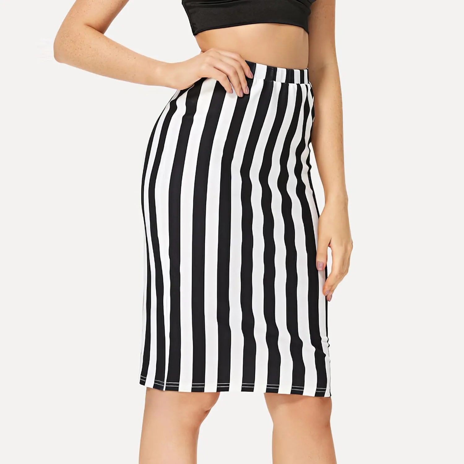 Womens Striped Stretch Midi Pencil Skirt High Waist Knee Length Bodycon