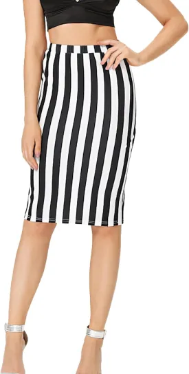 Womens Striped Stretch Midi Pencil Skirt High Waist Knee Length Bodycon