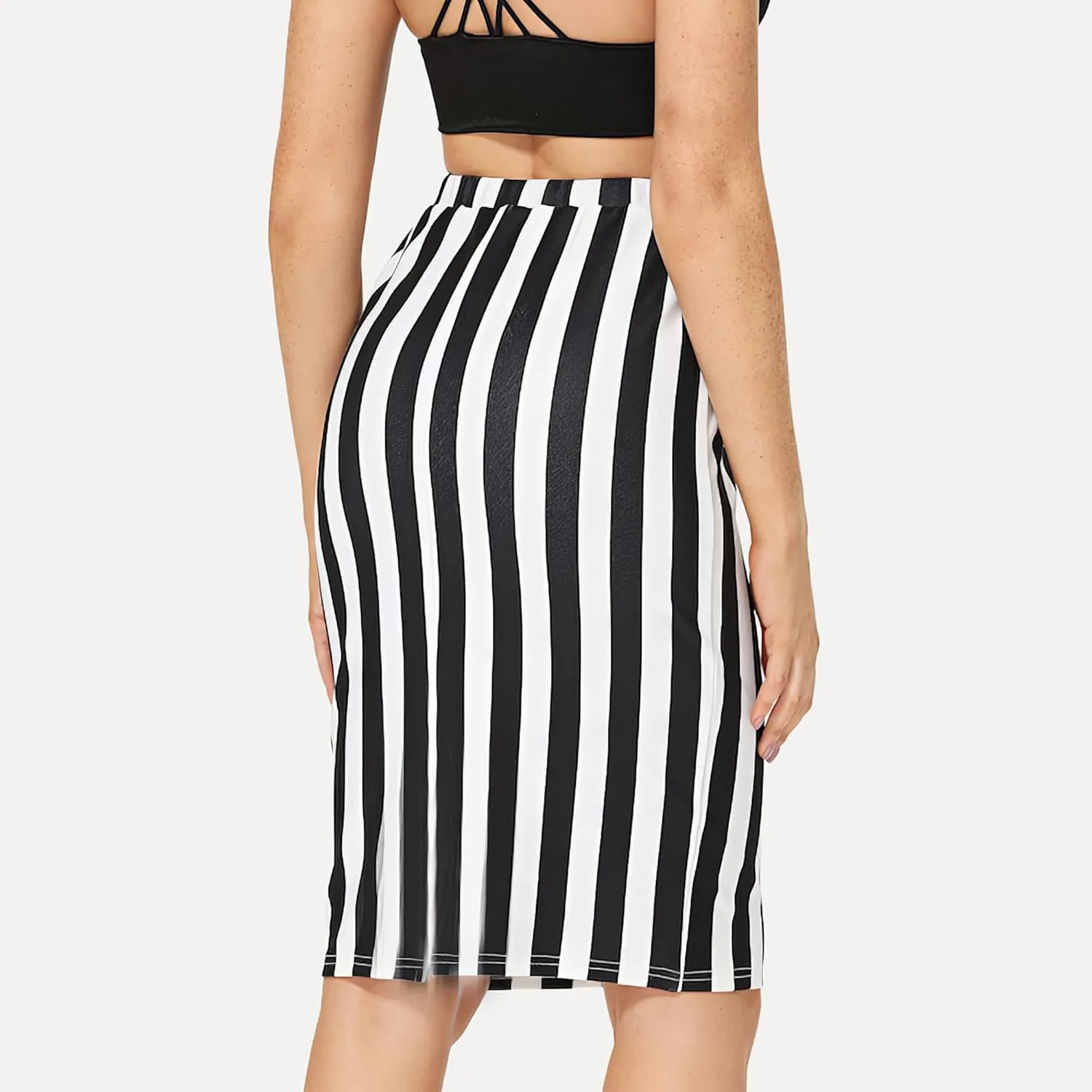 Womens Striped Stretch Midi Pencil Skirt High Waist Knee Length Bodycon