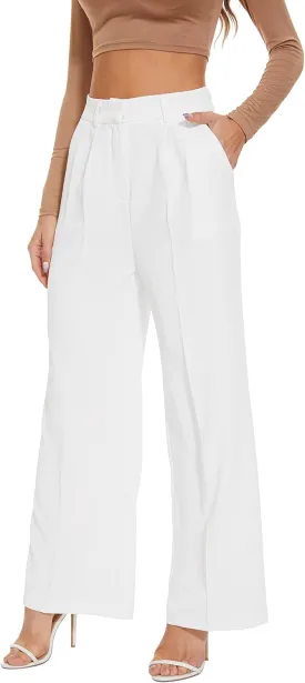 Women's Wide Leg High Waist Wide Leg Pants Loose Fit Back Elastic Waist Pleated Front Trousers for Work Casual White