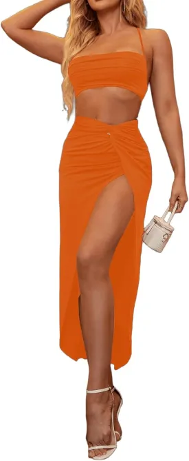 XinFSh Women's Two Piece Skirt Sets Summer Beach Sexy Asymmetrical High Slit Night Out Dress Sets