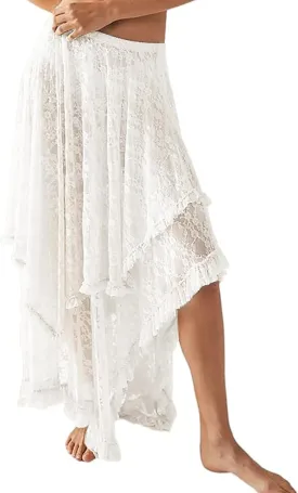 Yimoon Women's Floral Lace Long Skirts Elastic Asymmetrical Layered See-Through Maxi Skirts Sexy Sheer Flowy Beach Skirt