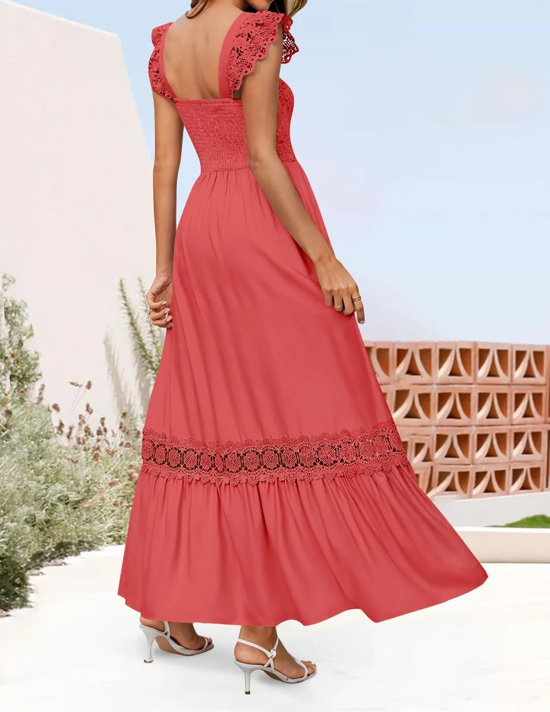 ZESICA Women's 2025 Summer Lace Strap Sleeveless Square Neck Smocked High Waist Ruffle Hollow Out Flowy A Line Maxi Dress