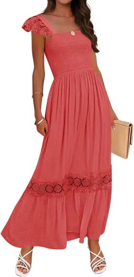 ZESICA Women's 2025 Summer Lace Strap Sleeveless Square Neck Smocked High Waist Ruffle Hollow Out Flowy A Line Maxi Dress
