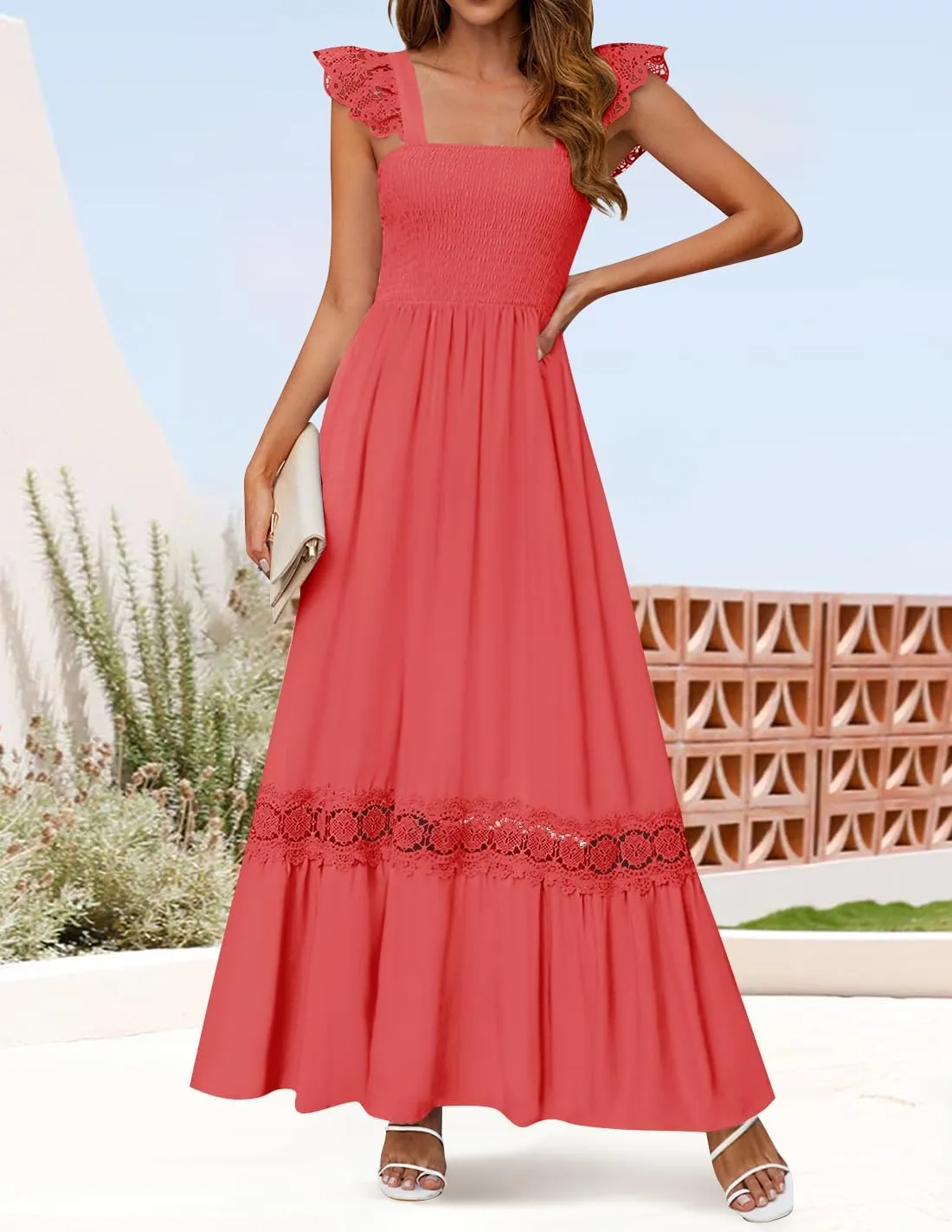 ZESICA Women's 2025 Summer Lace Strap Sleeveless Square Neck Smocked High Waist Ruffle Hollow Out Flowy A Line Maxi Dress