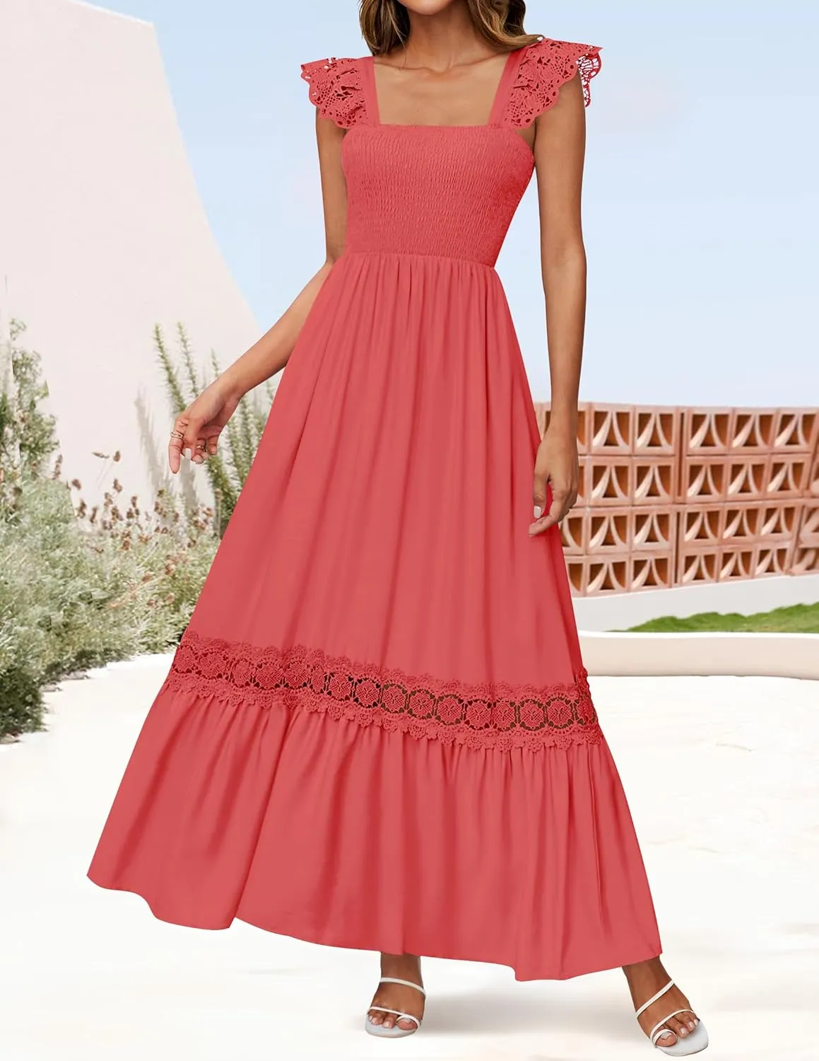 ZESICA Women's 2025 Summer Lace Strap Sleeveless Square Neck Smocked High Waist Ruffle Hollow Out Flowy A Line Maxi Dress