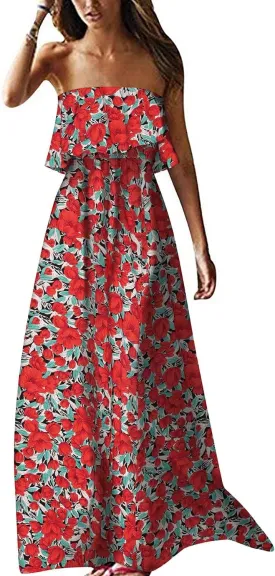 ZMPSIISA Women's Summer Off The Shoulder Maxi Dress Ruffle Strapless Blue White Porcelain Boho Casual Loose Long Dresses